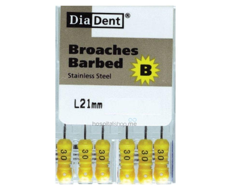 Diadent Barbed Broaches 21 mm 30 XX-Fine Yellow 6 Pcs