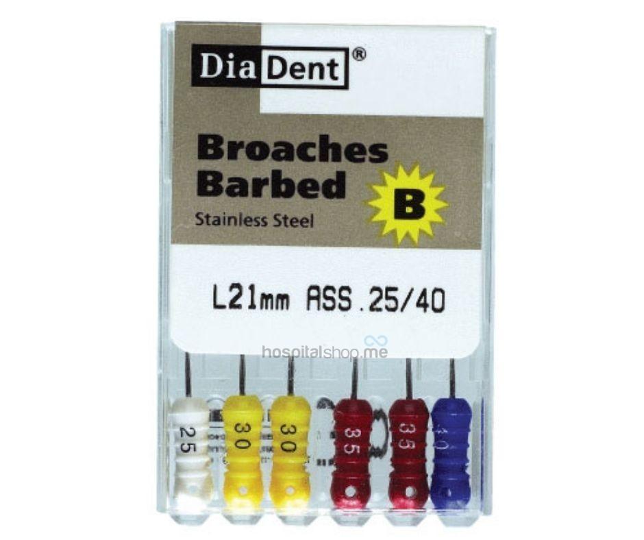 Diadent Barbed Broaches 21 mm 25-40 Assorted 6 Pcs