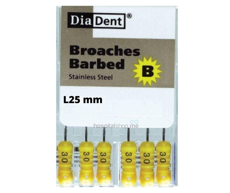 Diadent Barbed Broaches 25 mm 30 XX-Fine Yellow 6 Pcs